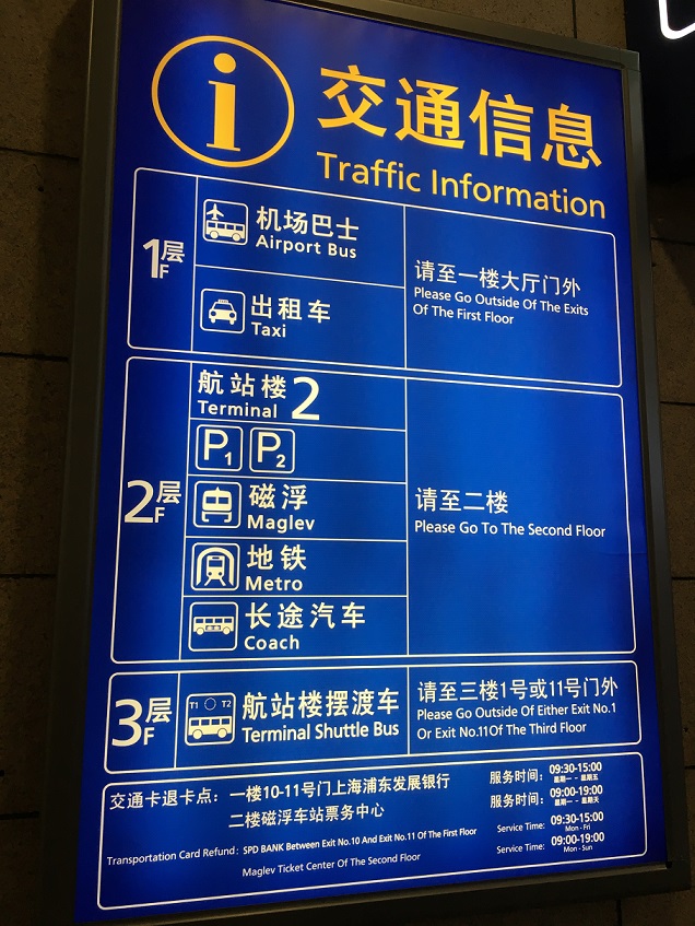 上海空港から地下鉄・バス・タクシー乗り場・リニアモーターカーへの案内看板