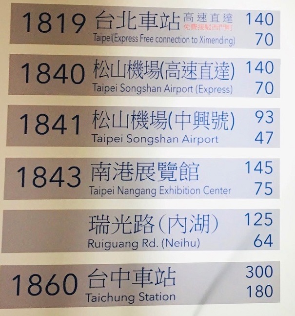台北桃園空港から台湾各地へのバスの値段