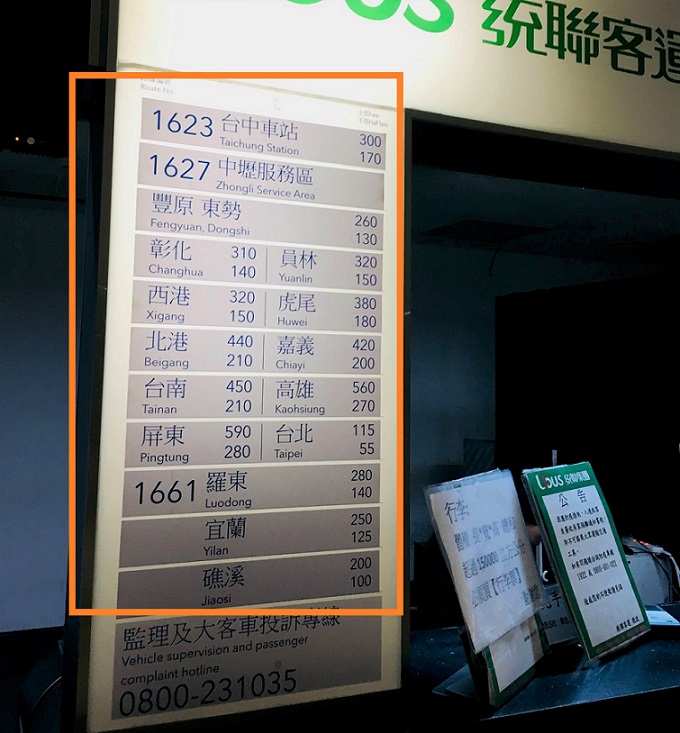 台北桃園空港から台湾各地へのバスの価格表