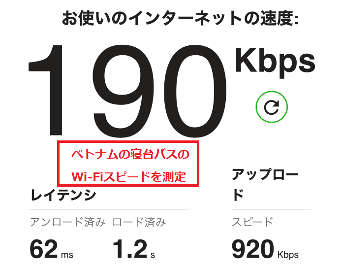夜行バスの車内Wi-Fiにつなげて、インターネットのスピードを測定した写真。かなり遅かった。