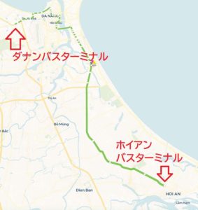 ベトナムのダナンからホイアンバスターミナルへの実際に路線バスが通るルートをバスマップで表示した画像
