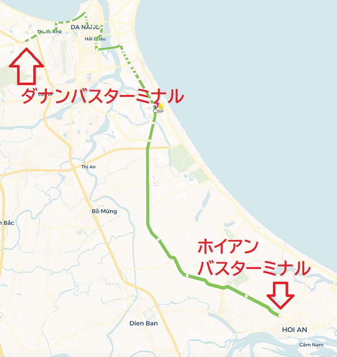 ベトナムのダナンからホイアンバスターミナルへの実際に路線バスが通るルートをバスマップで表示した画像